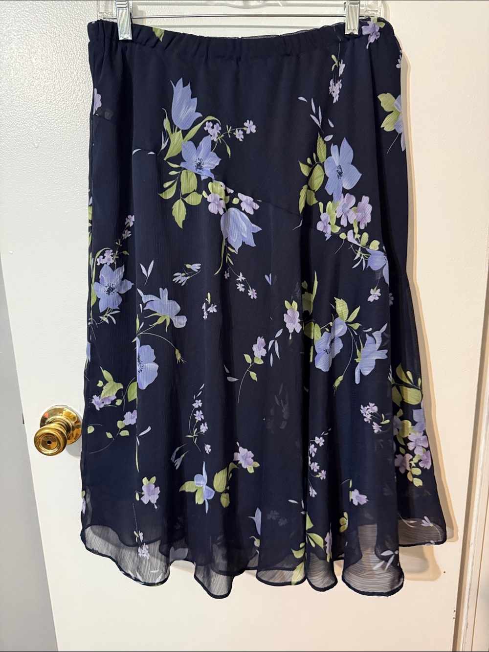 Navy Floral Midi Skirt with Lavender Blooms